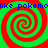 Four identical red-green spiral patterns arranged in a with blue text reading "like pokemdiike pokemo" on a green background
