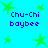 Pixelated blue background with green star shapes and repeated text "Chu-Chi baybee" in dark blue pixel font.