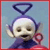 Pixelated character with white face, dark blue body, and halo, holding a red circular object against light blue background with red border.