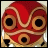Red and gold mask with three black circular eye holes and curved white lines on a light background, next to pixelated text on black.