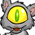Pixelated gray cat-like creature with large yellow eye and green vertical pupil, pink inner ears, small red mouth, and black outlines on white background.