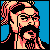 Pixelated static icon of a bearded man with glasses and long hair against blue background, rendered in limited color palette.