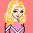 Pixel art cheerleader icon with pink outfit, yellow hair, and football-themed text on coral background.