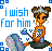 Pixelated static buddy icon featuring a cartoon character with orange skin, blue dress, and crown holding a flower, next to text reading "i wish for him" on white background with blue square corners.