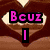 Pixelated heart-shaped icon with pink text reading "Bcuz I You..." over a brown and beige background.