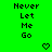 Green background with repeated 'Never Let Me Go' text and heart symbols in pixelated style.