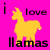 A static pixel art image with a bright pink background featuring a yellow llama silhouette and black text reading 'i love llamas' in lowercase letters.
