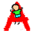 A 48x48 pixel animated buddy icon featuring a stick-figure character in red, green, and blue clothing performing a flip inside a large red letter A on a gray background.