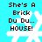Pixelated text reads "She's A Brick Du Du... HOUSE!" over a white snowflake on cyan background, with visible animation changes between frames.