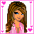 Pixel art contact sheet of a 7-frame animated icon featuring a cartoon woman in pink attire with heart borders and text phrases across frames.
