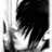 Black and white pixelated image of a figure with long dark hair covering the face, standing against vertical light gray stripes on left side.