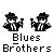 Two pixelated figures in black-and-white attire with hats and striped ties stand side-by-side holding flags, beneath text reading "Blues Brothers".