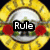 A circular yellow and white icon with red roses and a central metallic object, overlaid with the word 'Rule' in black text.