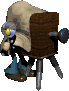 A small animated figure with a beige hooded cloak, blue boots, and a brown chair-like backrest, showing eye and head movement across frames.
