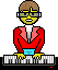 Pixelated character in red blazer and white shirt plays keyboard with yellow hands, brown hair, blue glasses on gray background.