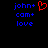 Blue pixelated text 'john+ com+ love' appears on black background with a red heart symbol above 'john+' in the left , while the right shows identical text without the heart