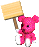 Pixelated pink bear holds a blank sign in one frame and a sign with red 'UP' text in the next frame, both signs on brown poles.