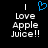 Black background with white pixelated text reading 'I Love Apple Juice!!' and a blue heart symbol above the word 'Love'.