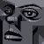Pixelated grayscale abstract face with swirling black patterns and scattered light dots on a gray background.