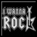 Static pixel art displays "I WANNA ROCK" text with a guitar pick symbol on black background, rendered in grayscale tones.