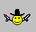 A 4x3 contact sheet of a pixel art animation featuring a yellow smiley face wearing a black top hat, holding two crossed swords with red flame effects on the left sword in some frames.