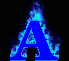 Blue capital letter A with blue flame effects on black background, displayed in a of five showing sequential animation frames
