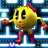 Static 48x48 pixel buddy icon featuring a yellow Pac-Man character with pink boots and red hands, running through a blue maze background.