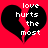 Two identical pixelated black broken hearts on red background with white text 'love hurts the most' in four lines.