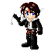Pixel art character with brown hair and blue eyes in black outfit with red belt, holding white sword in various poses against gray background.