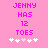 Pink background with pixelated text 'JENNY HAS 12 TOES' and five white/pink heart icons, showing animation