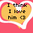 Pixelated heart-shaped icon with yellow interior and pink border containing black text reading "I think I love him <3".