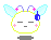 Pixelated character with closed eyes, pink cheek marks, and light blue wings, wearing a blue earpiece with a white '0' symbol, displayed in four variations with wing and earpiece position changes.