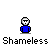 Pixel art character in blue shirt with white hair and black beard, shown in multiple poses with green motion effects and repeated 'Shameless' text below.
