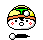 Pixelated cartoon character with yellow helmet, orange band, and red cheek marks in two poses: one with open mouth and floating object below, another with closed mouth and exclamation mark above.