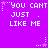 Purple background with repeated white text 'YOU CANT JUST . LIKE ME' and small star-like symbols in a pattern