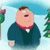 Pixelated cartoon character in dark blue suit with red collar stands against snowy background with pine trees and green streetlamp.