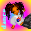 A 4-frame animated contact sheet of a pixel art doll with brown skin, long dark dreadlocks, and closed eyes dancing on gray rocks against a gradient background.