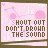 Pink background with pink circular shapes and brown text reading "SHOUT OUT DON'T DROWN THE SOUND" in a of