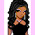Pixel art of a woman with long curly black hair wearing a black dress with cutouts and a white necklace, standing against a pink and white striped background.