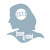 Pixelated blue silhouette of a figure with long hair holding two white rectangular objects against a gray background.