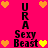 Pixelated icon with bright pink background, repeating text "URA" and "Sexy Beast", surrounded by orange and yellow heart symbols in a