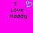 A bright pink background displays two identical text blocks with a cyan heart symbol between them, each reading "I Love Maddy" in black pixelated font.