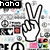 A static image of a white hand making a peace sign against a busy background with repeated text and symbols.