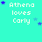 identical pixelated text 'Athena loves Carly' with scattered blue and purple stars on a cyan background
