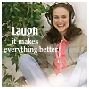 A person wearing headphones sits cross-legged with a white teddy bear, surrounded by green foliage, while text reads "Laugh it makes everything better".