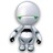 Pixelated silver robot with rounded head, green eyes, black chest stripe, and black hands against white background.