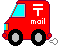 Red delivery truck with 'T mail' text on side, blue windshield, black wheels, and cyan accents; four views show different wheel positions and cursor interactions.