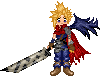 Pixel art character with spiky blonde hair, blue eyes, red cape, and large sword in three variations showing different poses.