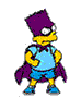 Yellow-skinned cartoon character with purple hat and cape, blue shirt and shorts, standing against gray background in multiple poses.