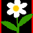 Pixelated flower icon with white petals, yellow center, green stem and leaves on black background; orange and gray sections visible in adjacent